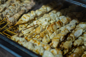 Delicious grilled chicken souvlaki skewers set