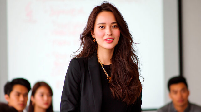 Confident young asian woman with long dark hair in black blazer presenting in front of colleagues in office or classroom setting - Powered by Adobe