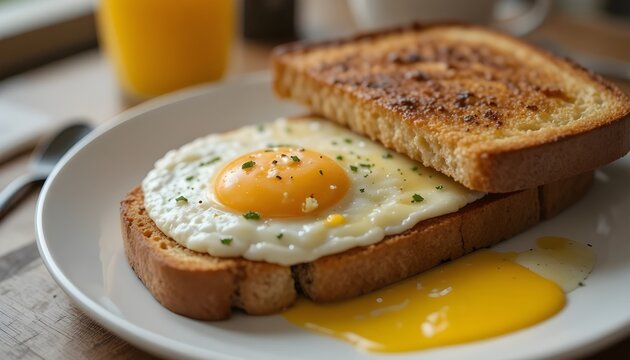 Classic breakfast with eggs and toast, modern clean styling, shallow depth of field