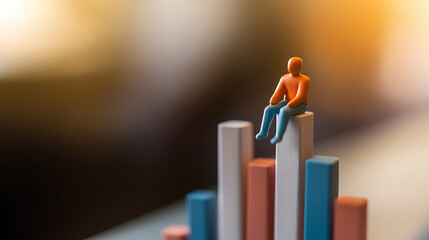 Small figure atop a bar graph, symbolizing success or achievement. The graph's colors add a playful touch, while the figure's pose suggests contemplation and mastery.