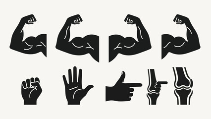 Muscular arms hands and body parts silhouettes for health and fitness designs