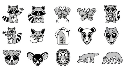 Set of various animals drawn in black and white with outlines isolated © gak