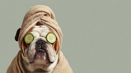 Pampered pooch! Bulldog unwinds with a spa day: towel turban and cucumber eye treatment. A funny image with the dog looking very calm and relaxed. Pure indulgence!