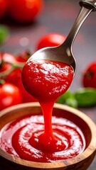Tomato sauce poured from spoon