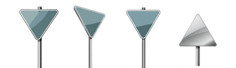 blank triangle road signs, metal yield sign mockups, reflective street signage, silver traffic...
