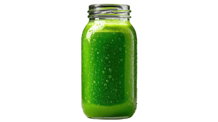 Healthy green vegetable smoothie in mason jar isolated for detox plans.

