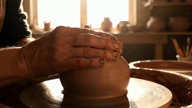 Close up of an artisan potter's hands skillfully shaping wet clay on a spinning wheel in a sunlit workshop