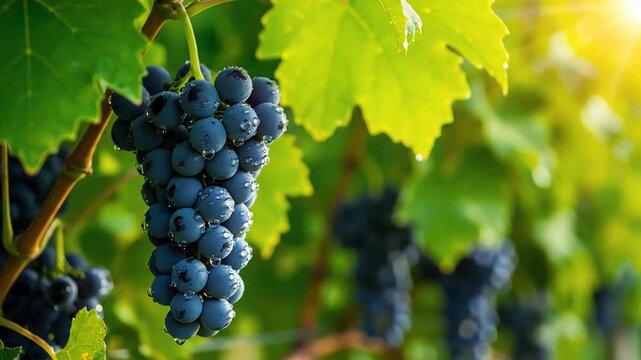 A beautiful bunch of ripe blue grapes on a vine bathed in warm morning sunlight.