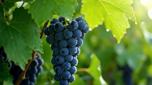 Lush Ripe Grapes on the Vine with Morning Dew and Sunlight in a Vineyard