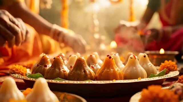Devotional Offering of Traditional Modak Sweets During a Warmly Lit Hindu Festival Celebration