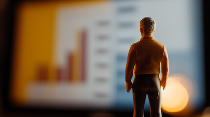 A miniature figure gazes at a bar graph display, pondering market trends. It's a conceptual image about financial analysis, and strategic planning for business growth and success.