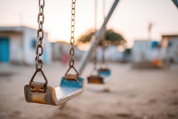 Rusty swings in a sunset playground