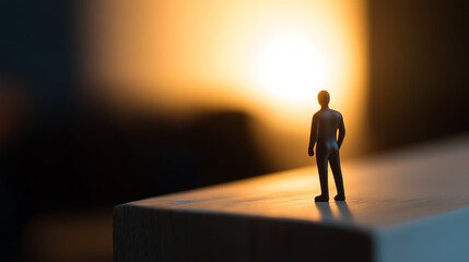 Silhouette of a miniature figure looking into a golden glow, evoking curiosity and contemplation. It creates a sense of mystery, inviting viewers to imagine their own narrative.