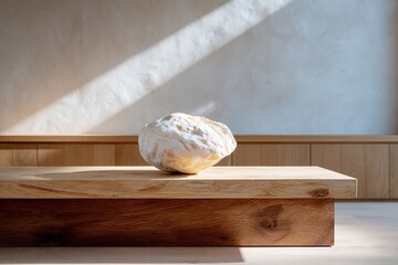 Minimalist stone display on wooden table