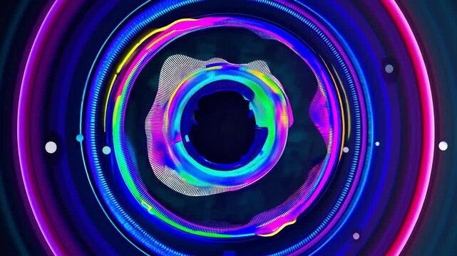 Pulsating abstract background with a circular audio spectrum analyzer. Colorful neon glowing circles react to the music beat in a loop