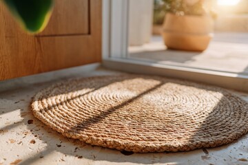 Woven round rug by the door with sunlight shadows