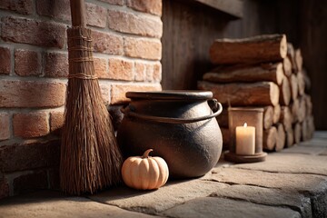 Rustic autumn decor with broom and pumpkin