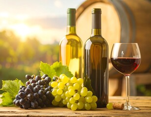 Wine bottles, grapes, and glass