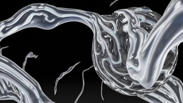 Abstract animation of liquid silver forming intricate shapes and tendrils around a sphere. A dynamic, metallic, and reflective motion graphic