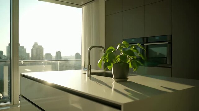 Modern Luxury Kitchen Island with Cityscape View Through Large Window