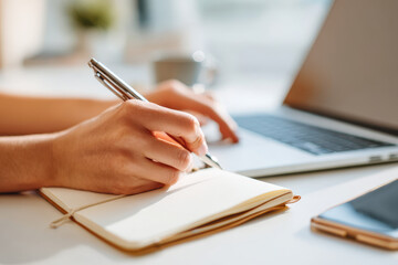 Person writing in a notebook beside a laptop