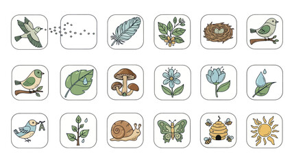 Nature icons bird feather flower leaf mushroom bee snail sun vector set © Twel