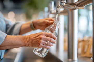 Filling a glass bottle with water from a modern tap