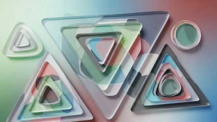 Abstract geometric shapes with layered triangles and circles in a soft pastel gradient.