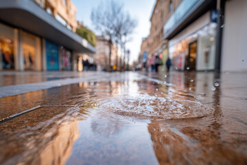 Rainy street with puddles and reflections