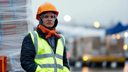 Airport worker in safety gear managing cargo in front, Airport worker in safety gear oversees cargo handling in front of an aircraft on the tarmac