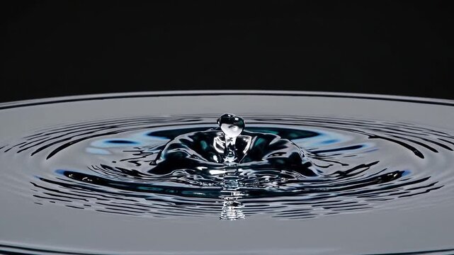 Detailed macro shot of a single water drop hitting a liquid surface in slow motion, creating a beautiful crown splash and concentric ripples