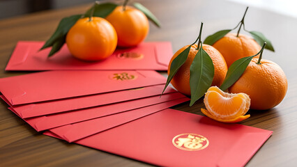 Chinese New Year Red Envelopes and Oranges on Wooden Table 1.