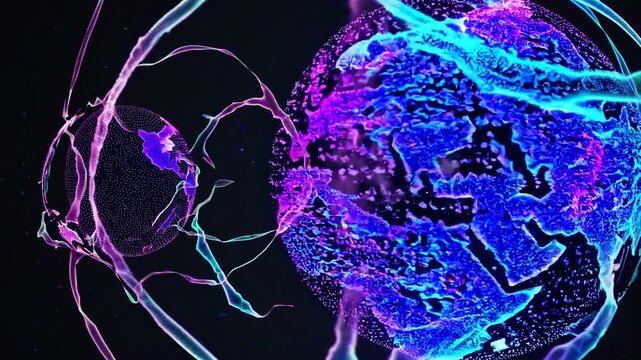 Two abstract neon globes, resembling cellular organisms or futuristic planets, floating and morphing in a dark, empty space