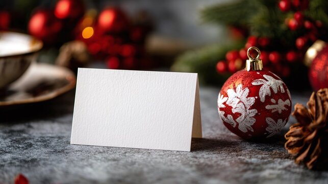 Festive holiday scene featuring a blank card, ornament, and pinecone on a gray surface, perfect for a personalized message or seasonal greeting. Holiday joy in every detail. - Powered by Adobe