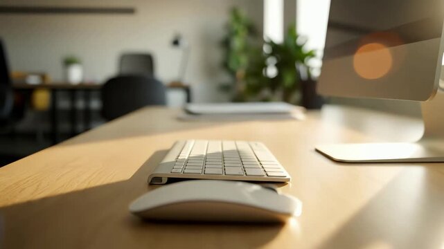 Gentle sunlight illuminates a modern minimalist desk with a sleek computer and accessories