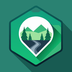 Hexagonal location pin icon with a scenic landscape of trees and mountains flat design vector illustration for travel and nature apps