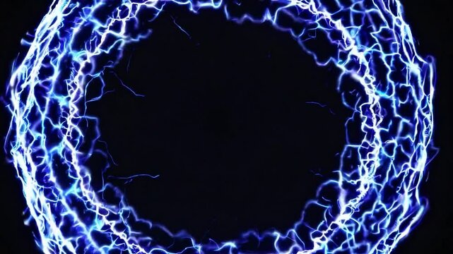 Abstract blue electric energy circle pulsating on a black background. Powerful lightning particles creating a dynamic glowing ring frame