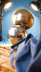 Two metallic spheres on a wooden surface