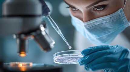Focused researcher in protective wear carefully adds a drop to a petri dish near a microscope, advancing scientific discovery. Meticulous work and precision in the lab.