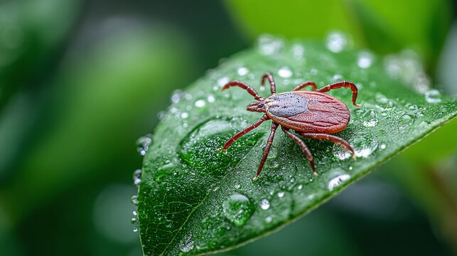 A macro shot presents a tick, its reddish-brown body and legs contrasting against a vibrant green leaf adorned with glistening water droplets, emphasizing its tiny form in nature.