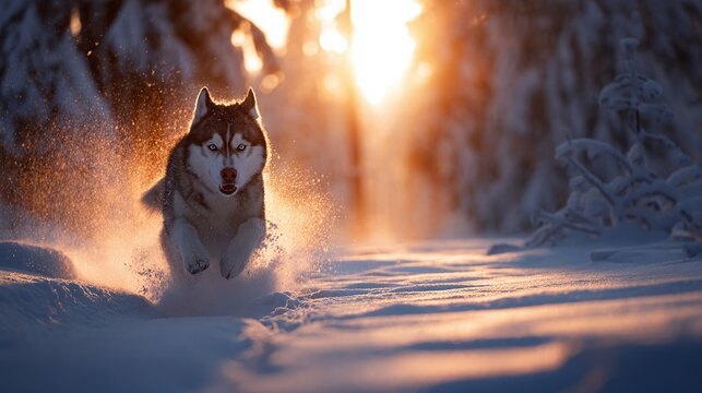 Majestic canine sprints through a snowy forest, the rising sun casting a warm glow. The dog's energy is palpable as it bounds through the snow-covered landscape.