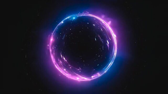Luminous rotating ring of pink and blue neon energy. Abstract circular light trail with glowing particles on a black background
