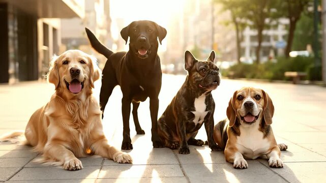 A charming group of four diverse dog breeds posing together on a city sidewalk in warm evening sunlight