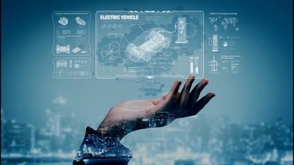 Technical layout of electric vehicle showing battery system, power control, traction motor, charging interface, and integration with renewable and smart energy sources Marrow