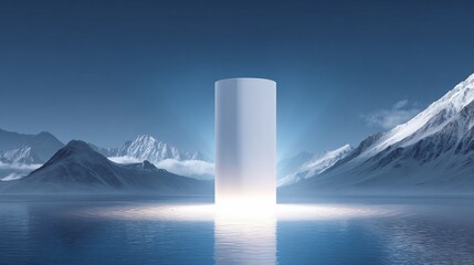 White cylinder radiates light on water, surrounded by mountains and blue sky