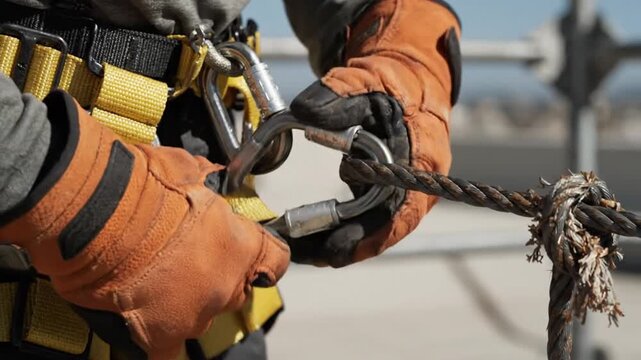 Close-up of a workers hands in safety gloves attaching a carabiner to a thick rope, highlighting workplace safety and fall protection equipment.