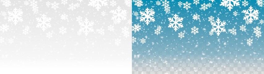 winter snowflake falling overlay, large white snowflakes and falling snow on transparent background