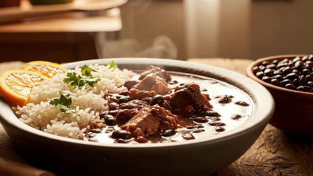 Delicious steaming bowl of feijoada with rice and orange slices on a wooden table