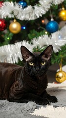 Black cat by Christmas tree