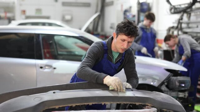 Car bumper repair in car service - professional car painter polishes and prepares the bumper before painting. High quality 4k footage